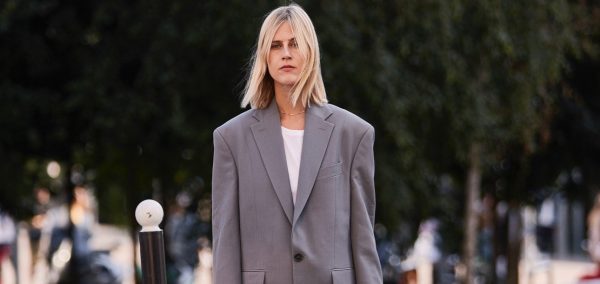 paris haute couture fall street style oversized gray blazer pleated black skirt Marquee landscape cropped